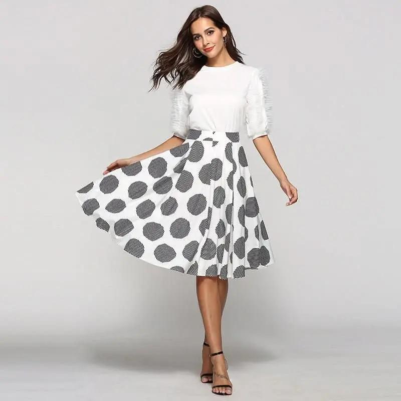 Large Polka Dot Round Slim Fit Mid - Length Skirt With Large Hem – travel - inspired 4 by Aroundtheworldinarush