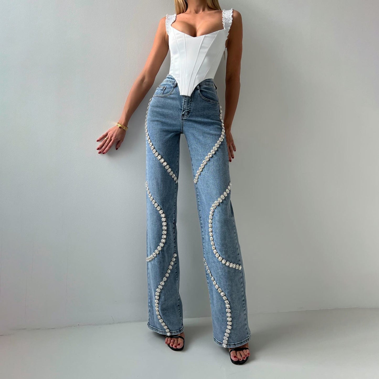 Loose Straight Leg Jeans And Fashionable Casual Pants With A Rhine Stone Denim Design Around Them Suitable For Women – travel - inspired 0 by Aroundtheworldinarush