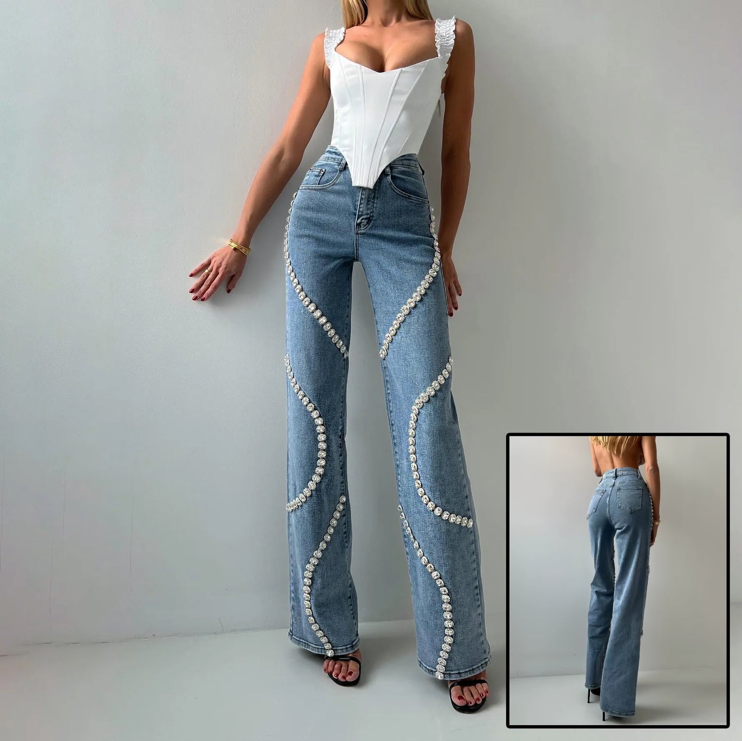 Loose Straight Leg Jeans And Fashionable Casual Pants With A Rhine Stone Denim Design Around Them Suitable For Women – travel - inspired 0 by Aroundtheworldinarush