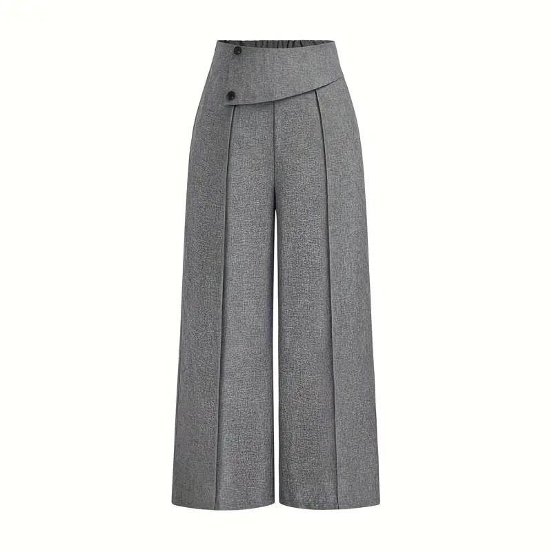Women's Elegant High-Waisted Wide Leg Pants, Solid Color Button Detail Trousers For Office And Casual Wear Aroundtheworldinarush