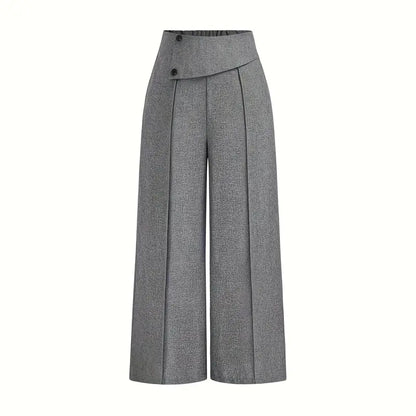 Women's Elegant High-Waisted Wide Leg Pants, Solid Color Button Detail Trousers For Office And Casual Wear Aroundtheworldinarush