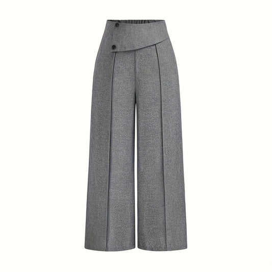 Women's Elegant High-Waisted Wide Leg Pants, Solid Color Button Detail Trousers For Office And Casual Wear Aroundtheworldinarush