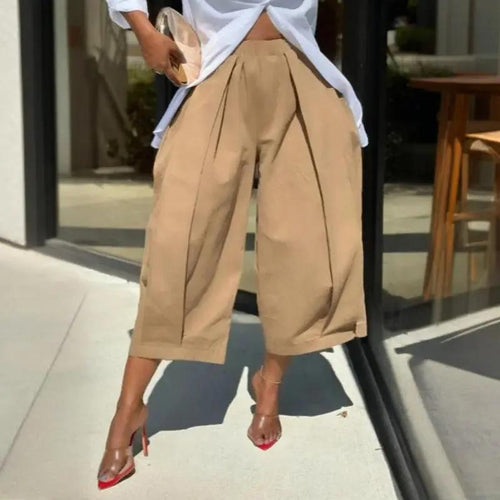 Women's Solid Color Cotton Wide Leg Cropped Pants With Pleats & Pockets - Spring Summer Fashion Comfortable Loose Trousers Aroundtheworldinarush