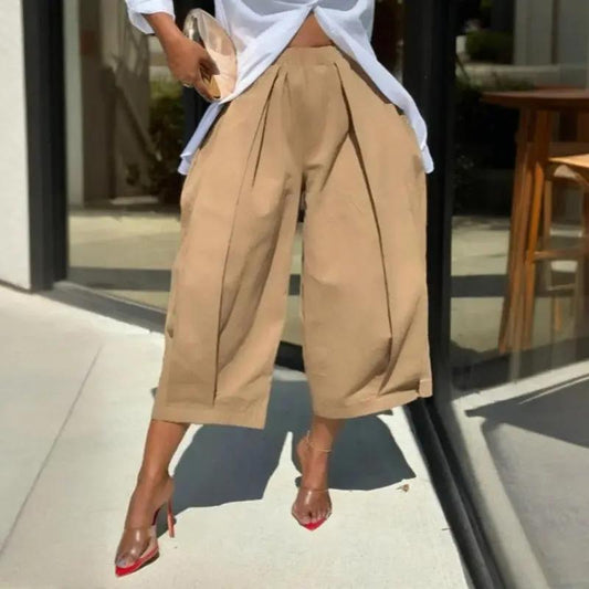 Women's Solid Color Cotton Wide Leg Cropped Pants With Pleats & Pockets - Spring Summer Fashion Comfortable Loose Trousers Aroundtheworldinarush