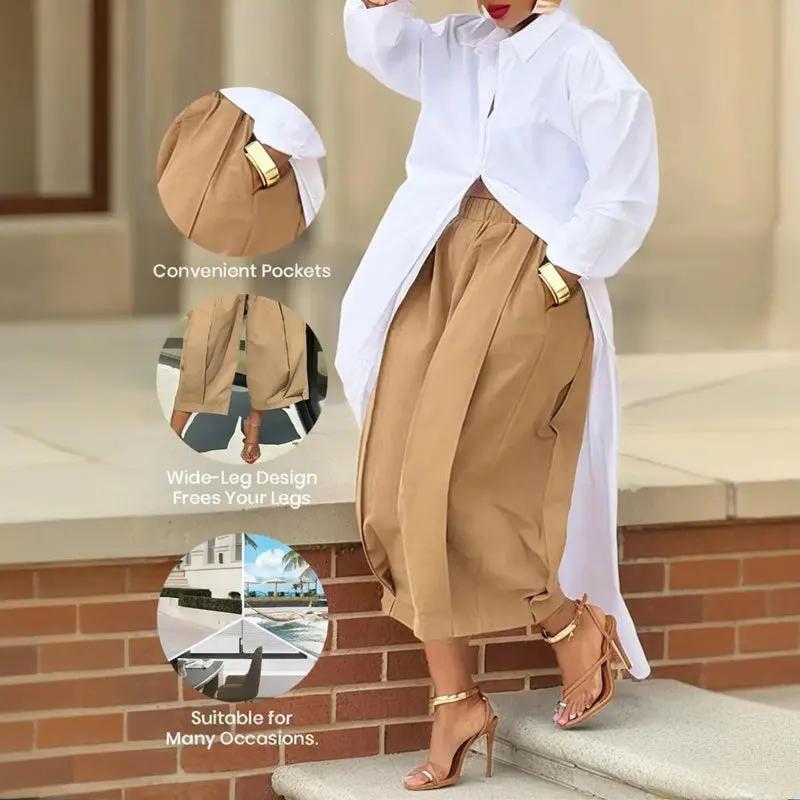 Women's Solid Color Cotton Wide Leg Cropped Pants With Pleats & Pockets - Spring Summer Fashion Comfortable Loose Trousers Aroundtheworldinarush