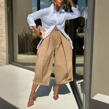 Women's Solid Color Cotton Wide Leg Cropped Pants With Pleats & Pockets - Spring Summer Fashion Comfortable Loose Trousers Aroundtheworldinarush