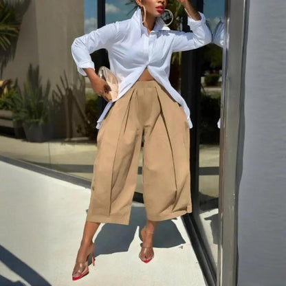 Women's Solid Color Cotton Wide Leg Cropped Pants With Pleats & Pockets - Spring Summer Fashion Comfortable Loose Trousers Aroundtheworldinarush