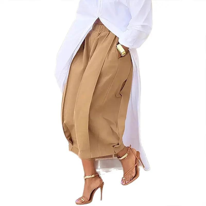 Women's Solid Color Cotton Wide Leg Cropped Pants With Pleats & Pockets - Spring Summer Fashion Comfortable Loose Trousers Aroundtheworldinarush