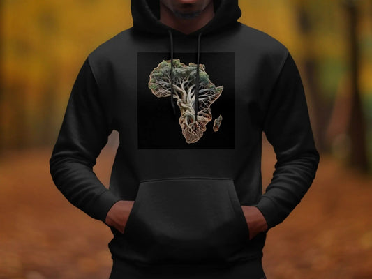 Person wearing a black hoodie with a graphic design of Africa on a blurred autumn background