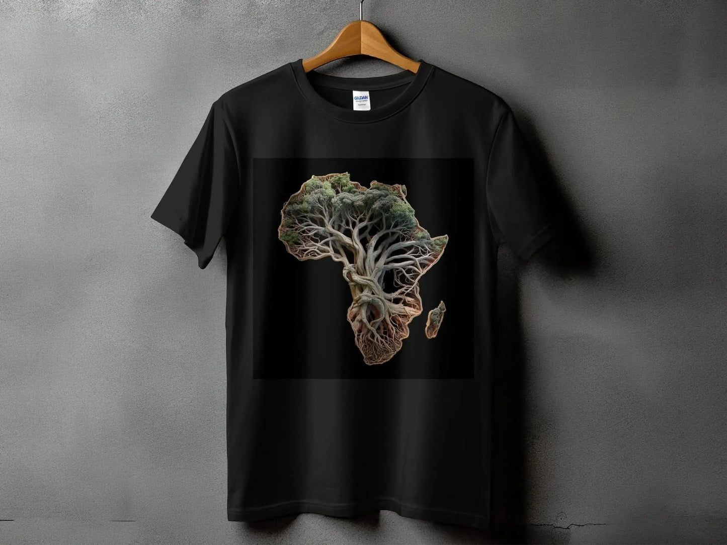 Black t-shirt with a graphic design of Africa on a gray background