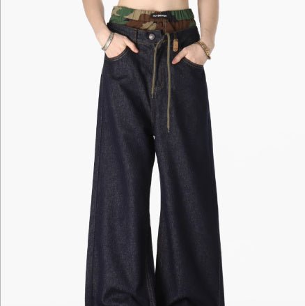 Camouflage Stitching Double Waist Pants Bandage Dress Crack Faded Retro Straight Loose Casual Pants – travel - inspired 0 by Aroundtheworldinarush