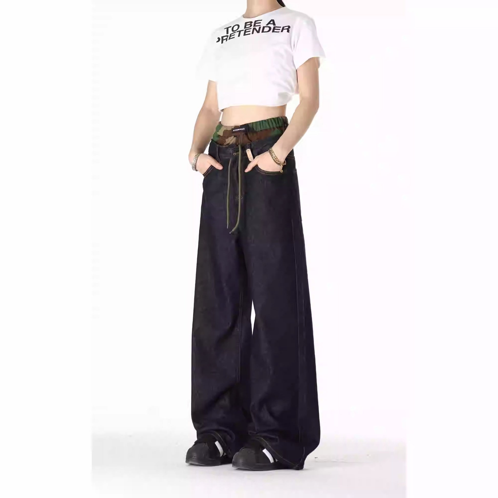 Camouflage Stitching Double Waist Pants Bandage Dress Crack Faded Retro Straight Loose Casual Pants – travel - inspired 0 by Aroundtheworldinarush
