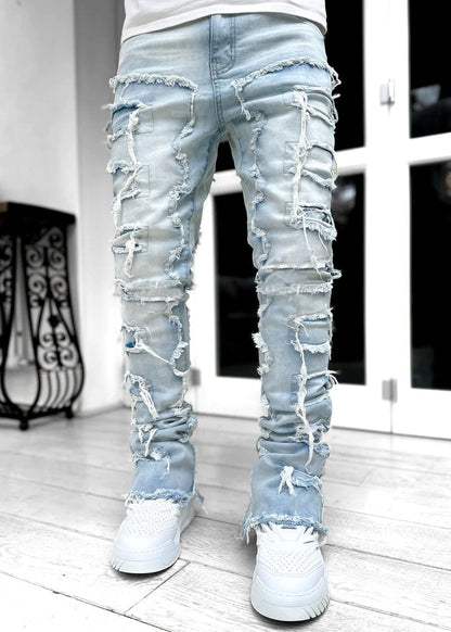 Men Trousers Individual Patched Pants Long Tight Fit Stacked Jeans For Mens Clothing – travel - inspired 4 by Aroundtheworldinarush