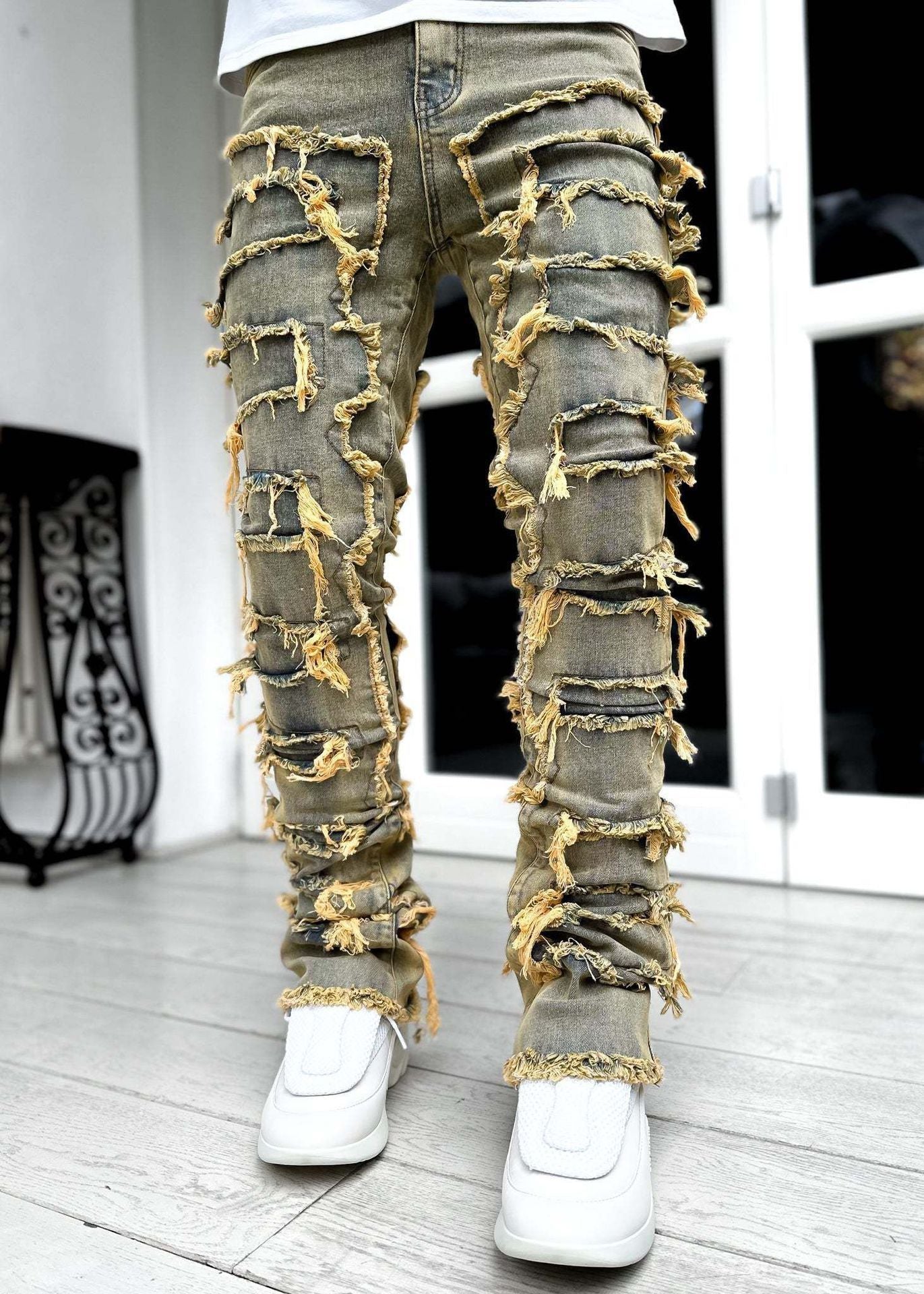 Men Trousers Individual Patched Pants Long Tight Fit Stacked Jeans For Mens Clothing – travel - inspired 4 by Aroundtheworldinarush
