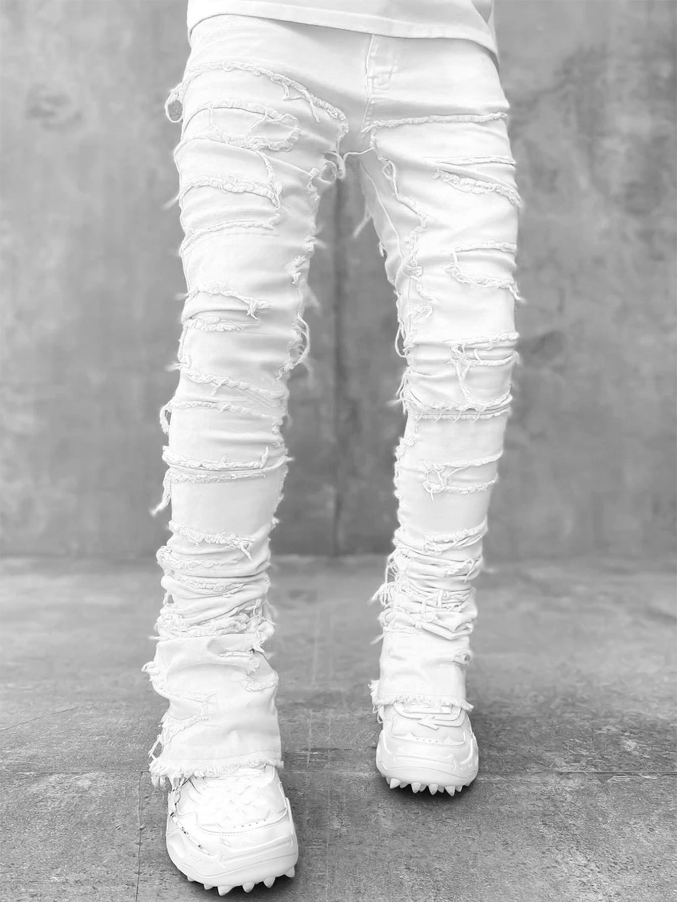 Men Trousers Individual Patched Pants Long Tight Fit Stacked Jeans For Mens Clothing – travel - inspired 4 by Aroundtheworldinarush