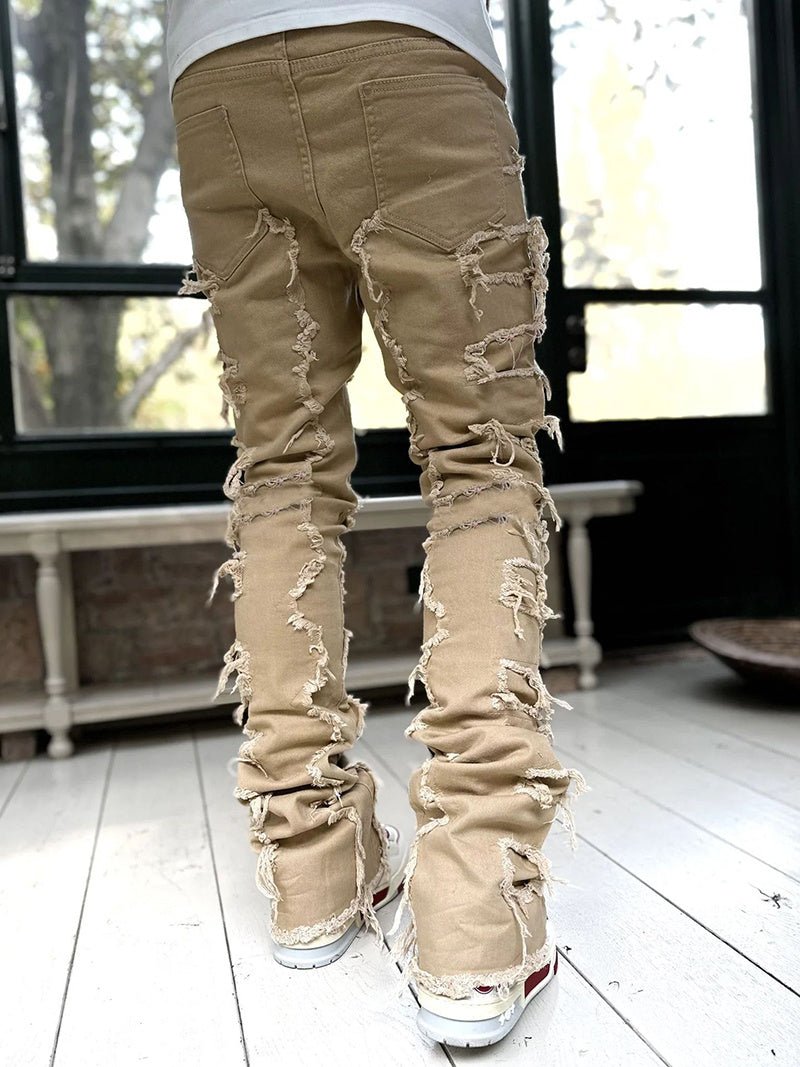 Men Trousers Individual Patched Pants Long Tight Fit Stacked Jeans For Mens Clothing – travel - inspired 4 by Aroundtheworldinarush