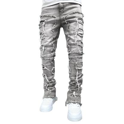 Men Trousers Individual Patched Pants Long Tight Fit Stacked Jeans For Mens Clothing – travel - inspired 4 by Aroundtheworldinarush