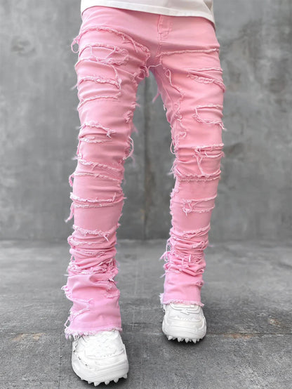 Men Trousers Individual Patched Pants Long Tight Fit Stacked Jeans For Mens Clothing – travel - inspired 4 by Aroundtheworldinarush