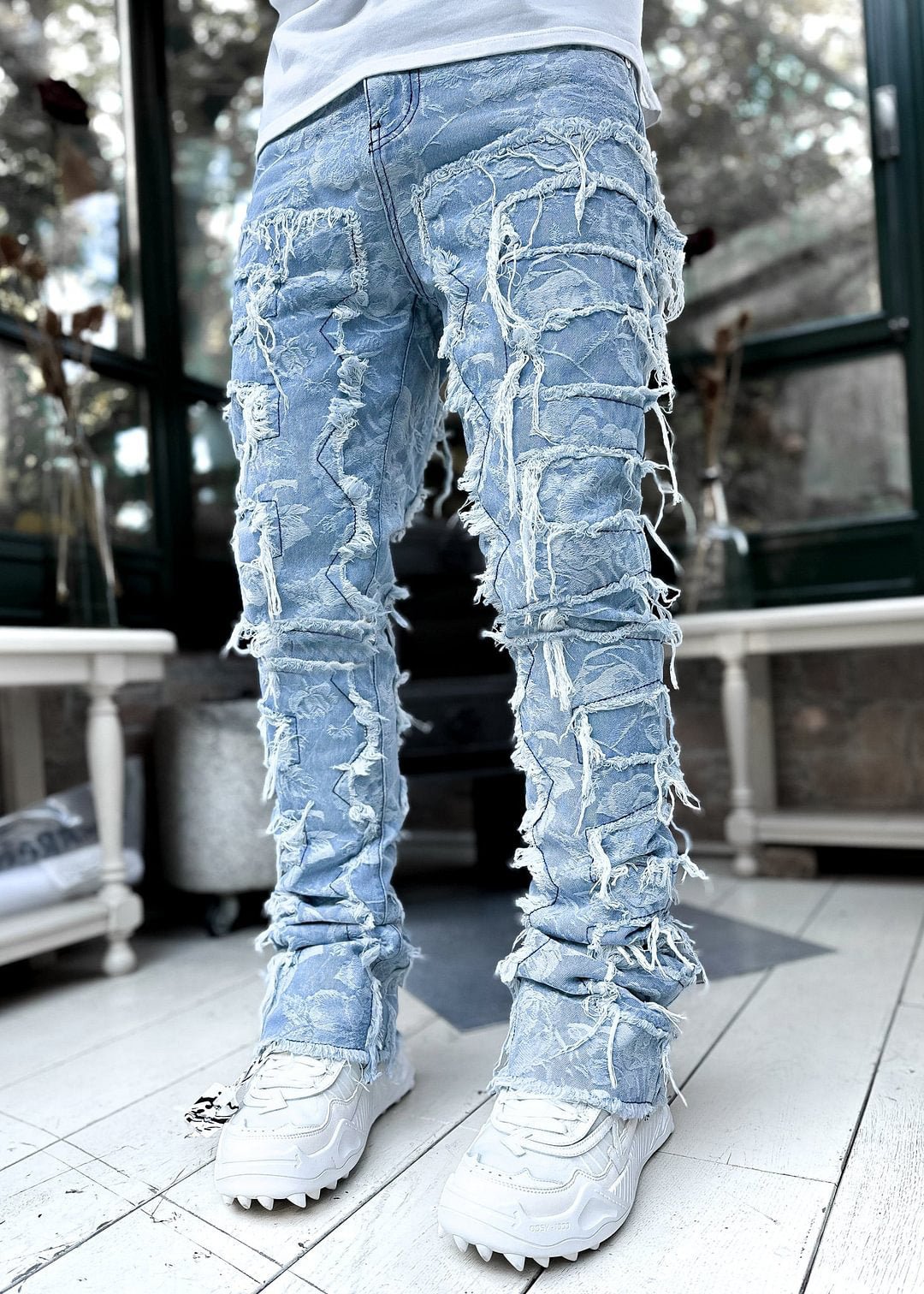 Men Trousers Individual Patched Pants Long Tight Fit Stacked Jeans For Mens Clothing – travel - inspired 4 by Aroundtheworldinarush