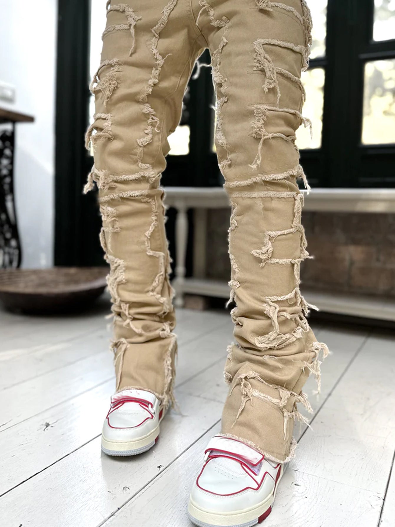 Men Trousers Individual Patched Pants Long Tight Fit Stacked Jeans For Mens Clothing – travel - inspired 4 by Aroundtheworldinarush