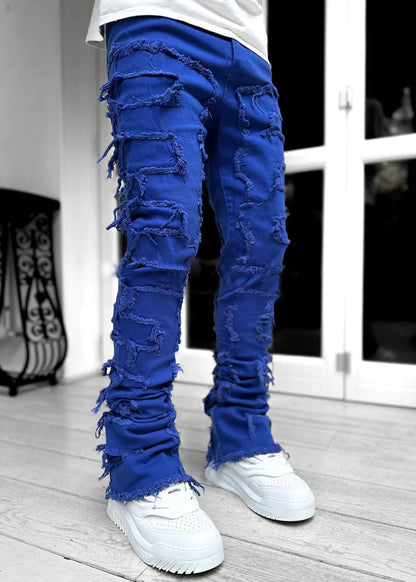 Men Trousers Individual Patched Pants Long Tight Fit Stacked Jeans For Mens Clothing – travel - inspired 4 by Aroundtheworldinarush