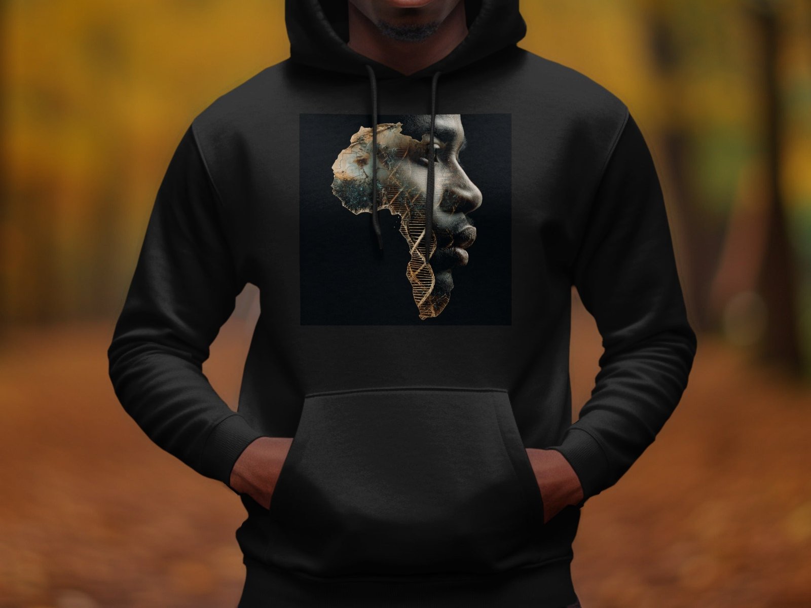 Black unisex hoodie featuring the "Africa in My DNA" design — a bold graphic blending African heritage and modern streetwear fashion from Around the World in a Rush.