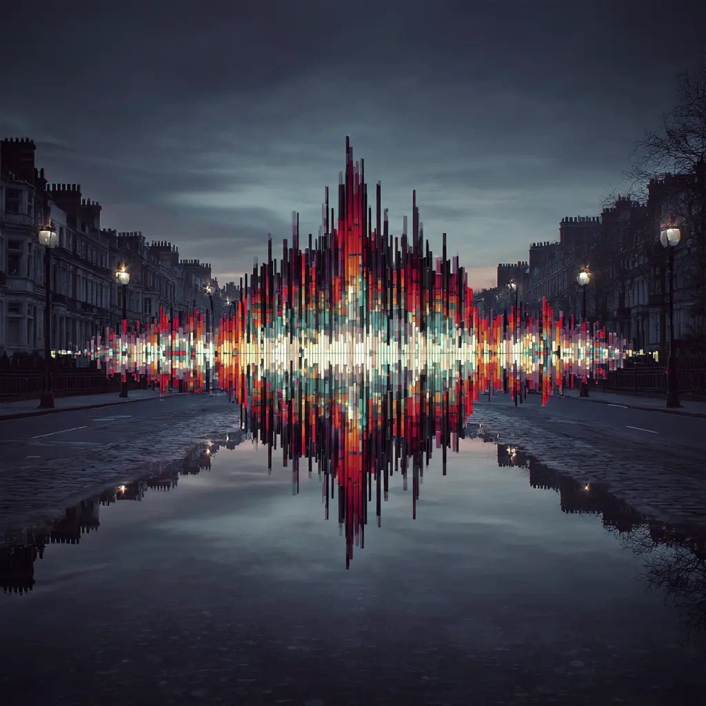 Colorful light sculpture on a street at night with reflections in the water.