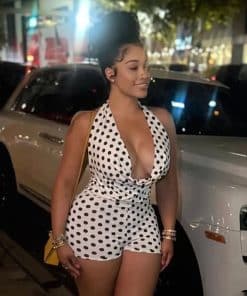 Arrival Polka-Dot Print Halterneck Off-Shoulder High-Back Bodysuit With Shorts