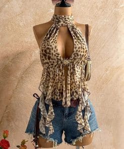 Leopard-print Halter-neck Camisole Top For Women