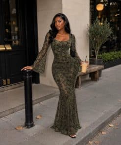 Flocked-print Slimming Flared Long-sleeve Dress