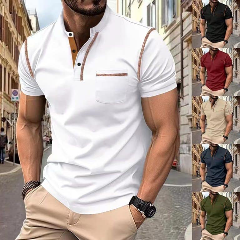 Man wearing a men's quick dry polo shirt while exploring a sunny European street