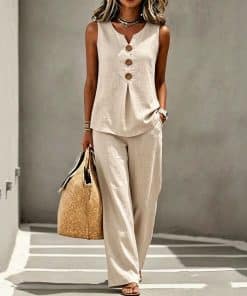 Womens V-neck Buttoned Sleeveless Vest Top Set Two-piece Outfit