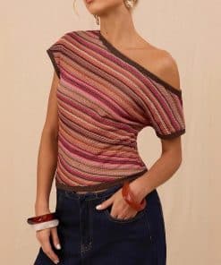 Retro Colorful Knit Top Slim-fit Contrast-color Short Sleeves