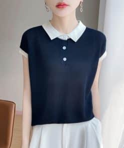Color-Block Polo-Neck Short-Sleeve Womens Lyocell Knitted T-Shirt