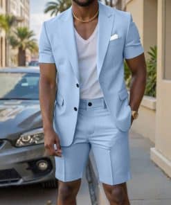 Mens Solid-Colored Gentleman Short-Sleeve Two-Piece Suit