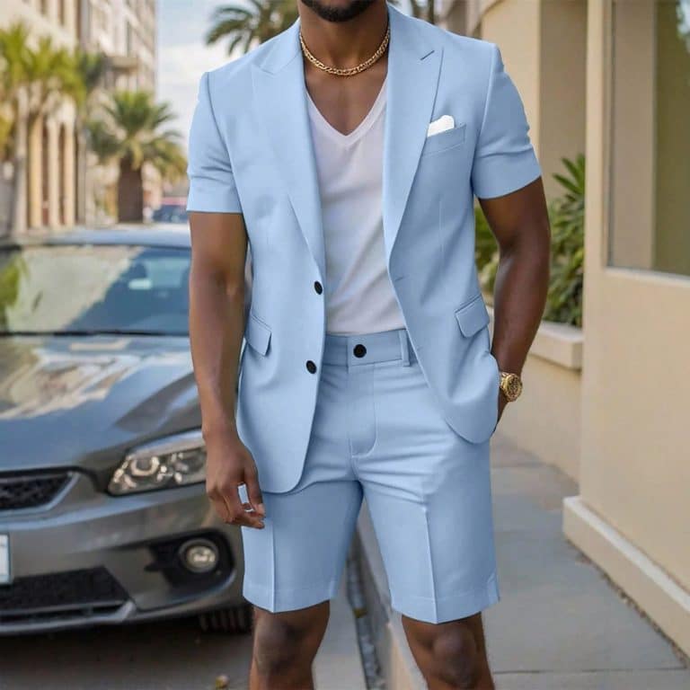 Mens Solid-Colored Gentleman Short-Sleeve Two-Piece Suit