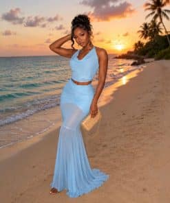 Halter-neck Sleeveless High-waisted Mesh Dress