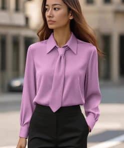 Womens Solid-Color Casual Tie Long-Sleeve French-Collar Shirt