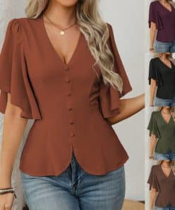 Womens Solid-Color Short-Sleeve V-Neck Single-Breasted Waist-Cinching Top