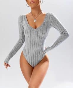 Simple Casual Solid Color Deep V-neck Slim Fit Waist-controlled Long Sleeves Jumpsuit Women