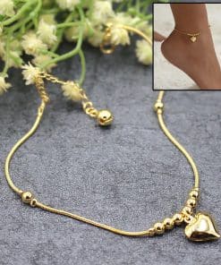Gothic Gold Color Heart Pendant Anklet For Women Ball Beaded Anklet Vintage Chunky Jewelry