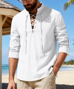 Mens Casual Long-sleeve Linen Henley Shirt