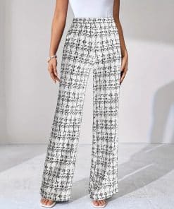 Woven Plaid High Waist Straight Women’s Pants