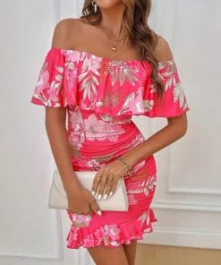 Womens Floral-print Off-shoulder Sheath Dress