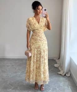 Womens Casual Floral-print V-neck Puff-sleeve Dress