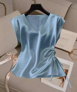 Womens Solid-Color Casual Satin V-Neck Top With Drawstring Hem