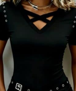 Women’s Casual V-Neck Top With Metal Strap Detailing