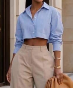 Light Blue Striped Cropped Button-Down Shirt