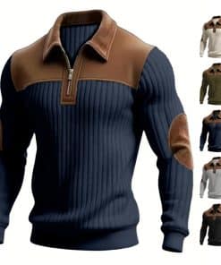 Notched-collar Patchwork Knit Top With Embroidered Zipper Hoodie