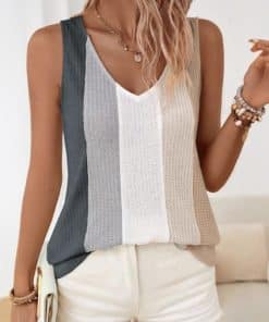 Knitted Patchwork Color-Block Casual V-Neck Slim-Fit Sleeveless Vest